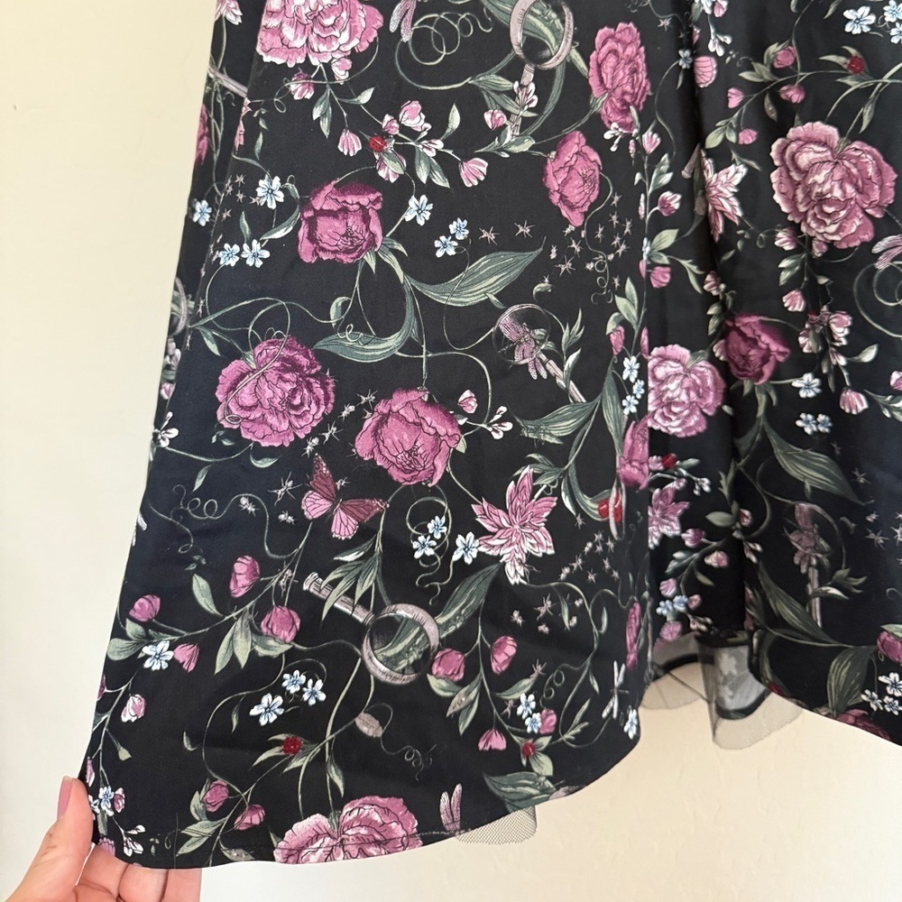 Hot Topic Floral Insects Swing Dress Black Halter Tulle Novelty Retro Small - Picture 4 of 12